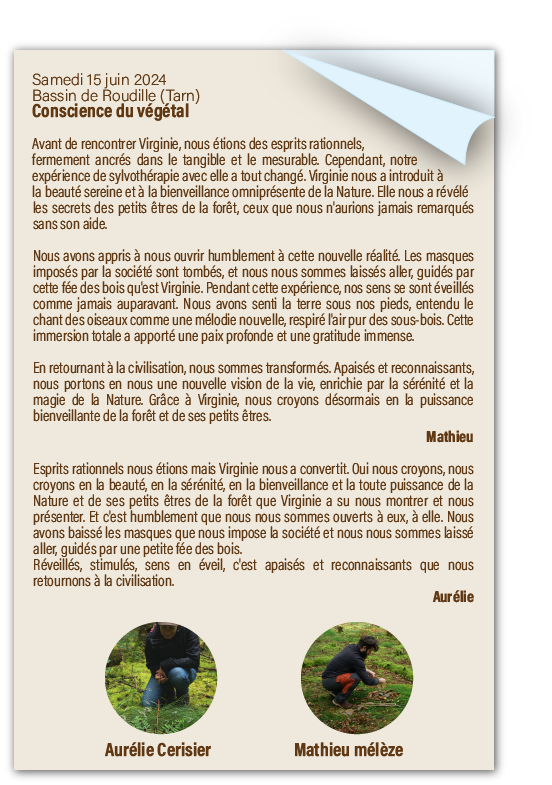 Témoignage sylvothérapie en duo : Aurélie et Mathieu partagent leur expérience de "Conscience du végétal" au Bassin de Roudille avec À Fleur d'Écorces.