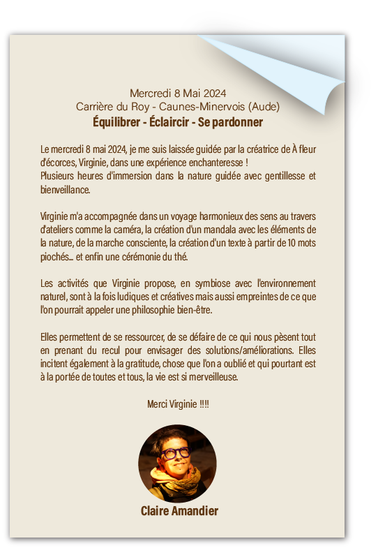 Témoignage de sylvothérapie dans l'Aude : Claire raconte son immersion entre forêt et marbre rose à la Carrière du Roy avec À Fleur d'Écorces.