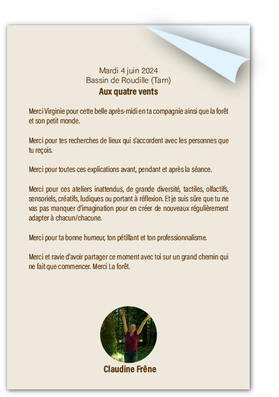 Claudine témoigne de son expérience sensorielle et créative avec À Fleur d'Écorces au Bassin de Roudille.