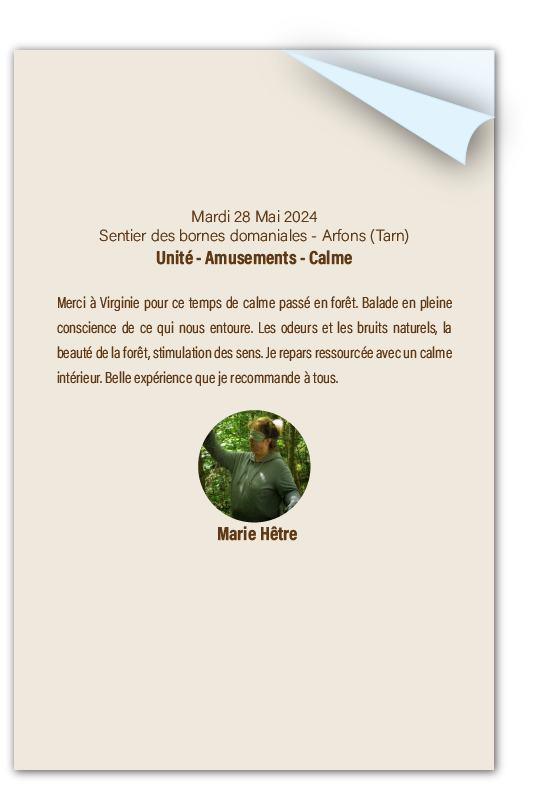 Témoignage de Marie Hêtre sur son expérience d'unité et de calme lors d'une balade en pleine conscience à Arfons avec À Fleur d'Écorces.