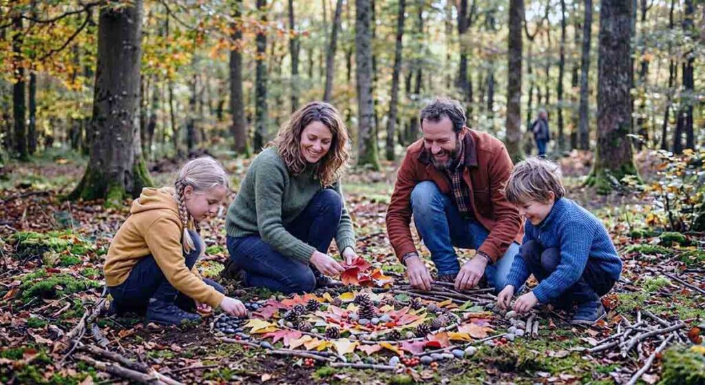 Une famille composée de deux adultes et deux enfants, accroupis en forêt, travaillant ensemble sur un mandala géant au sol fait de feuilles d'automne colorées, de bâtons et de pommes de pin.