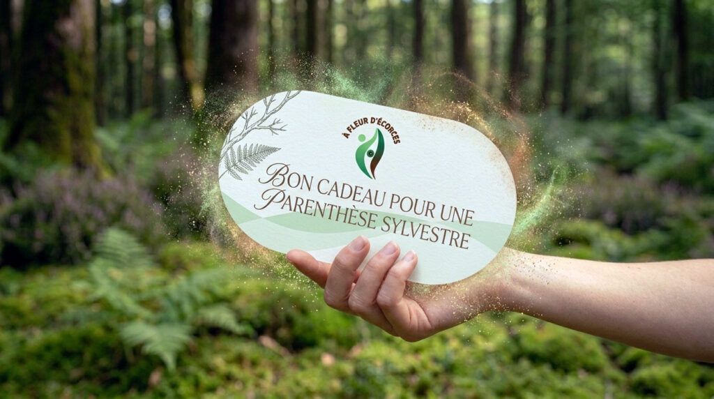 Main présentant un bon cadeau avec le logo "À Fleur d'Écorces" et l'inscription : Bon cadeau pour une Parenthèse Sylvestre.