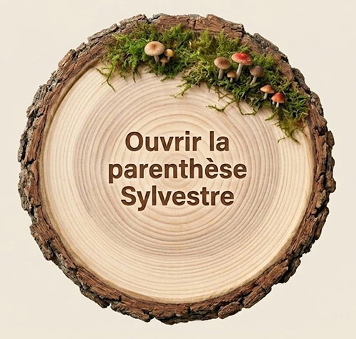 Illustration d'une coupe de bois transversale ornée de mousse et de petits champignons avec l'inscription centrale : Ouvrir la parenthèse Sylvestre.