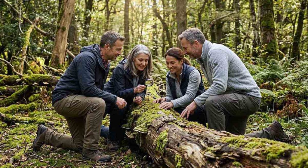 Un groupe de quatre adultes souriants, deux hommes et deux femmes, agenouillés en forêt autour d'un tronc d'arbre mort couvert de mousse, l'observant avec une loupe.
