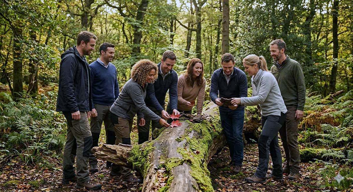 Un groupe professionnel de huit personnes en tenue décontractée, souriant et réuni en forêt autour d'un grand tronc d'arbre mort. Deux personnes montrent une feuille rouge tandis qu'une autre lit un document, illustrant un exercice d'équipe.