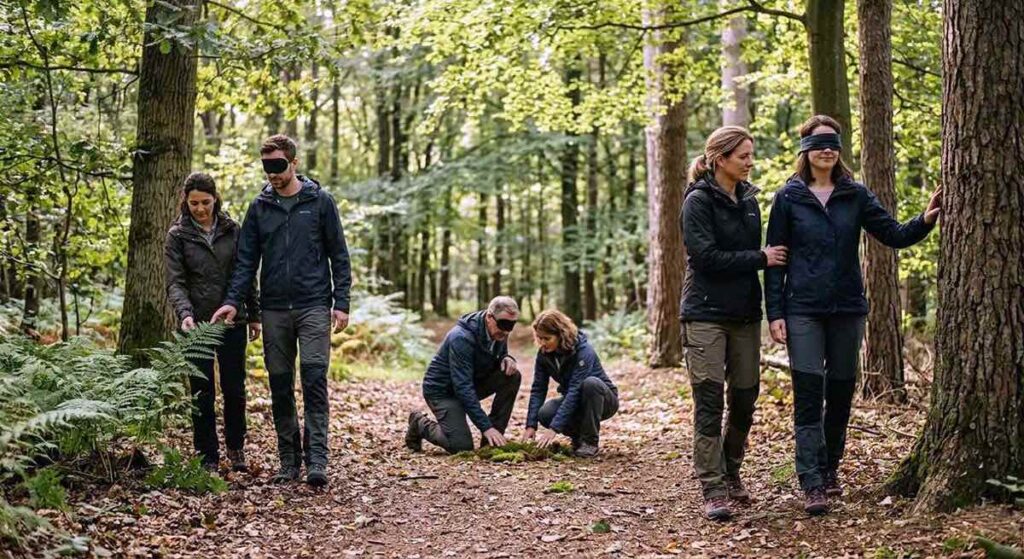 Plusieurs binômes d'adultes en forêt pratiquant un exercice sensoriel les yeux bandés. Une personne guide son partenaire en le tenant par le bras pour l'aider à explorer son environnement et toucher les arbres en toute confiance.
