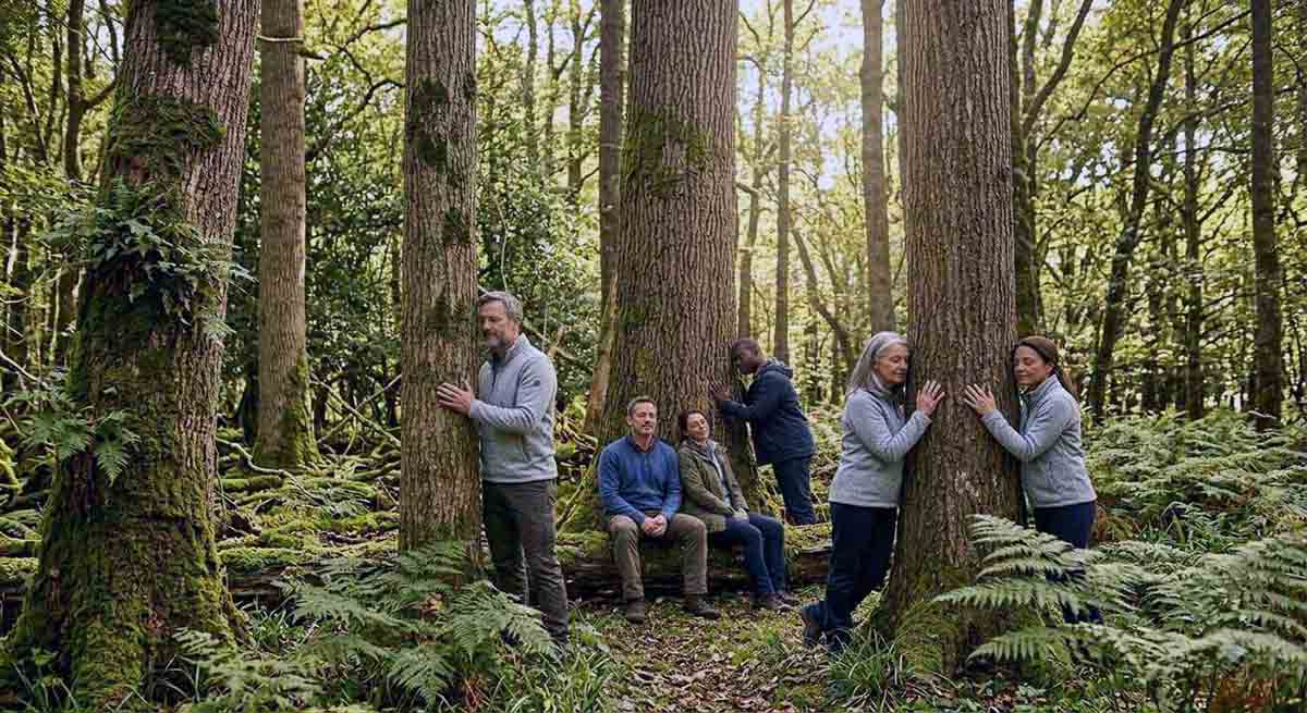 Un groupe d'adultes en forêt pratiquant la sylvothérapie : certains sont assis sur un tronc au sol, tandis que d'autres sont debout, les mains posées avec sérénité contre l'écorce de grands arbres.