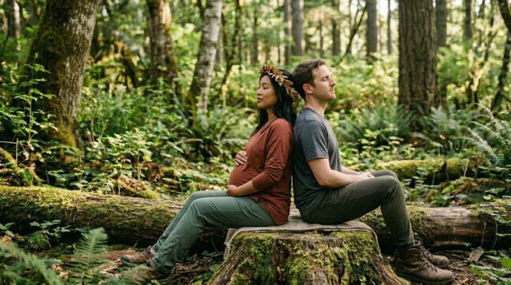 Futurs parents vivant une immersion sensorielle en forêt pour préparer l'arrivée de bébé.