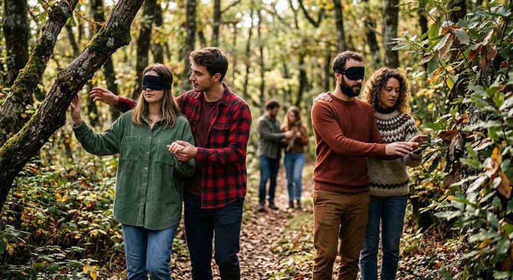 Deux binômes d'adultes en forêt pratiquant un exercice de confiance et sensoriel : deux personnes ont les yeux bandés et sont guidées par leur partenaire sur un sentier forestier à l'automne.