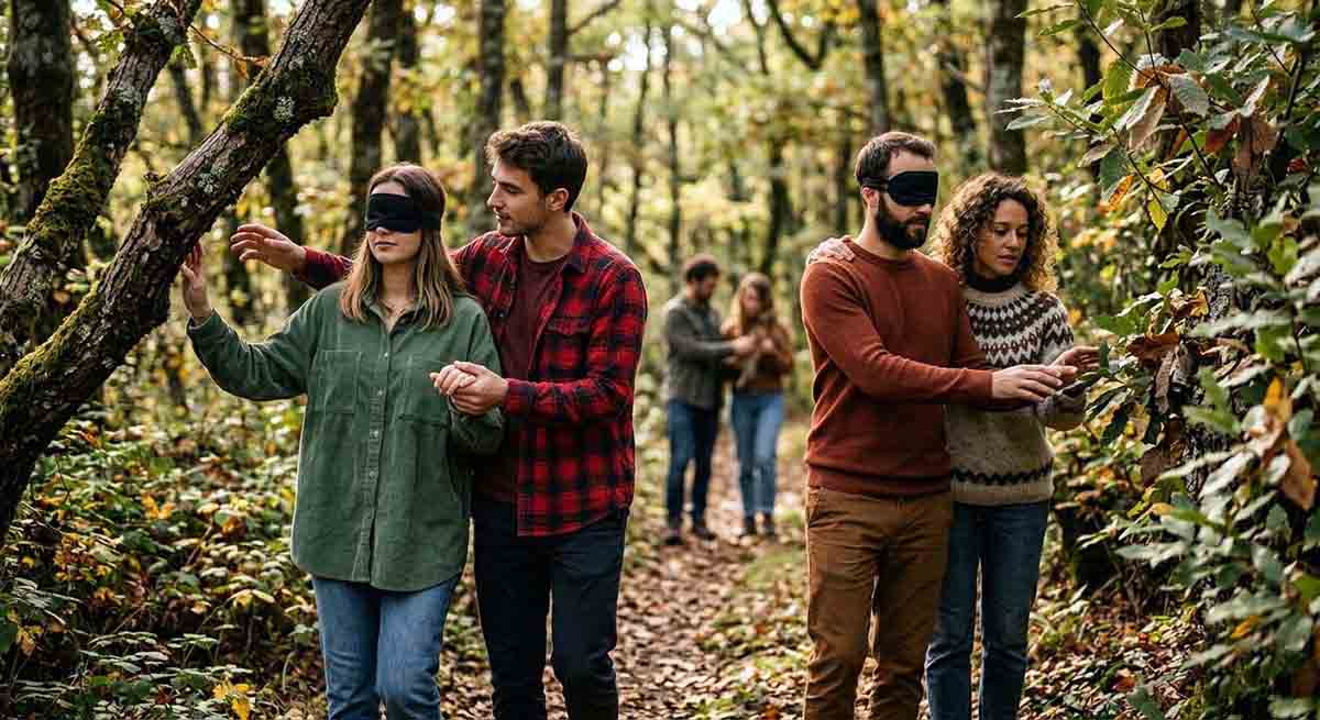Deux binômes d'adultes en forêt pratiquant un exercice de confiance et sensoriel : deux personnes ont les yeux bandés et sont guidées par leur partenaire sur un sentier forestier à l'automne.