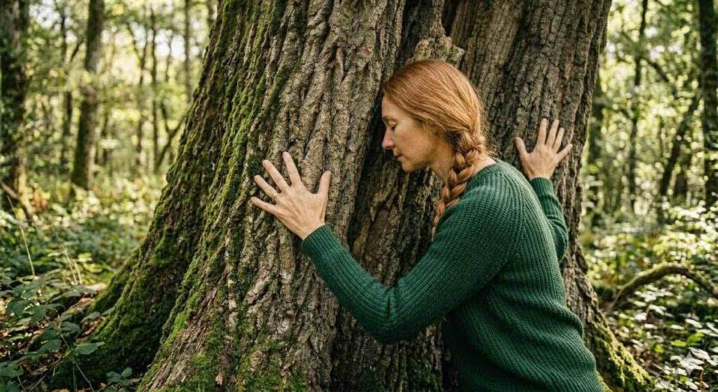 Femme en séance de sylvothérapie pratiquant un contact sensoriel avec l'écorce d'un chêne majestueux pour un ressourcement profond.