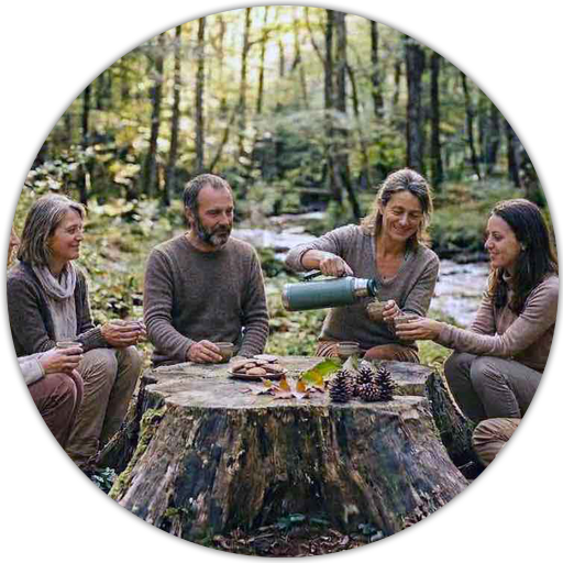 Dégustation d'infusion en forêt après un bain de forêt - Séance sylvothérapie groupe