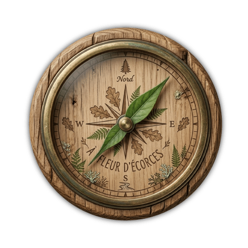 Une boussole artisanale en bois texturé, avec une aiguille en forme de feuille verte, ornée de motifs de chêne et de fougère. Le cadran est gravé du nom À Fleur d'Écorces. Illustration sans fond pour site de sylvothérapie.