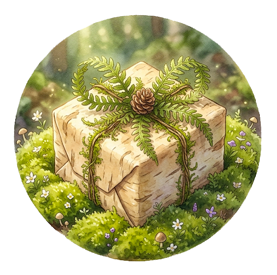 Illustration poétique d'un bon cadeau emballé dans du papier kraft avec un ruban végétal, posé sur de la mousse de forêt verte.