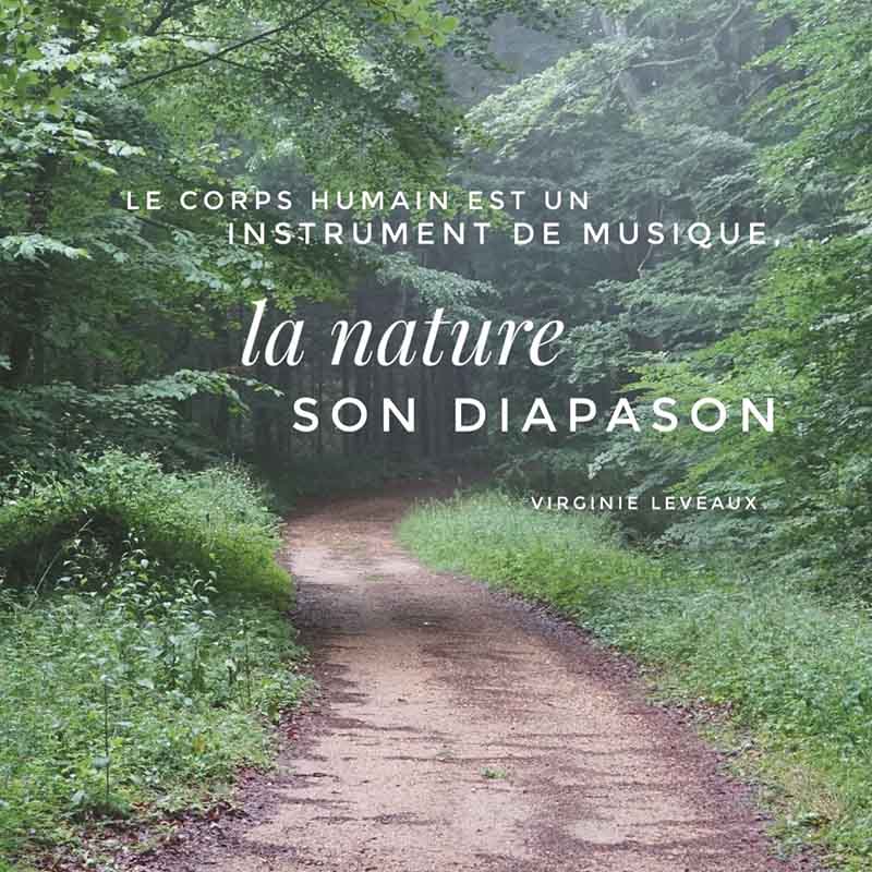 Sentier bordé de hêtres au printemps le long de la rigole du barrage des Cammazes dans le Tarn, avec une citation sur l'harmonie entre le corps et la nature.