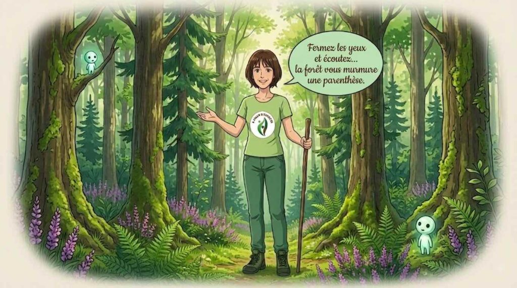 Illustration de style manga japonais montrant une guide de sylvothérapie dans une forêt enchantée avec des esprits de la forêt (Kodama) et une bulle de texte disant "Fermez les yeux et écoutez... la forêt vous murmure une parenthèse.