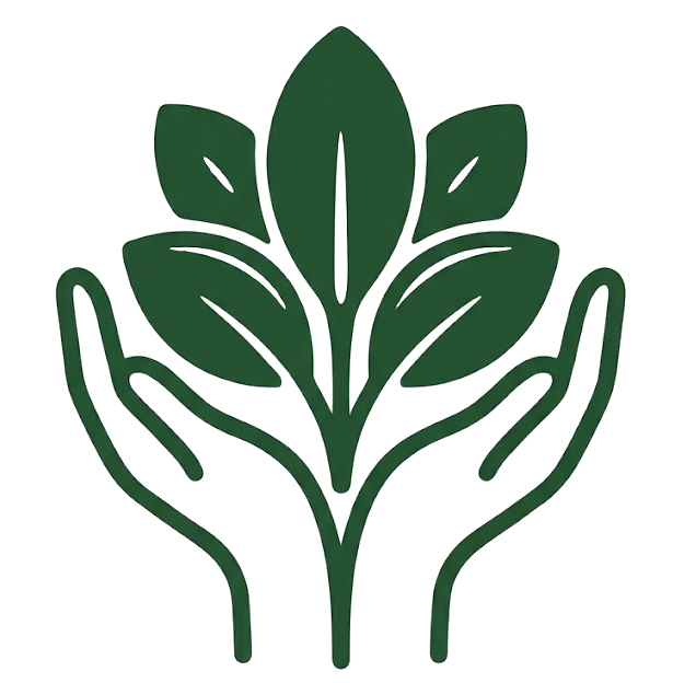 Picto mains protégeant une plante - Symbole d'accompagnement bienveillant en sylvothérapie À Fleur d'Écorces