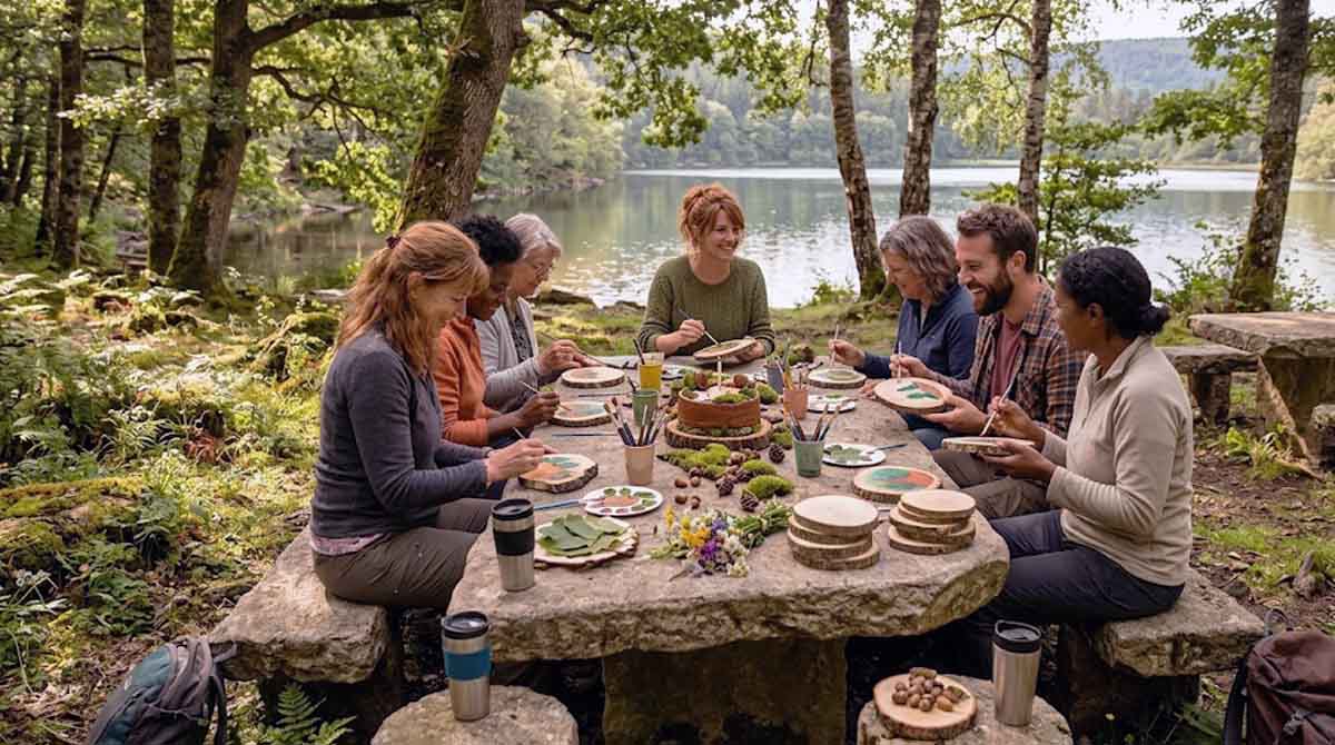 Célébration d'un Silvanniversaire adulte : groupe d'amis réalisant un atelier de peinture sur bois sur une table en pierre en forêt de la Montagne Noire.
