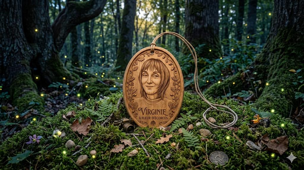 Médaillon en bois gravé au portrait de Virginie, accompagnatrice bien-être en nature à Fleur d'Écorces, posé dans une forêt féerique au crépuscule.