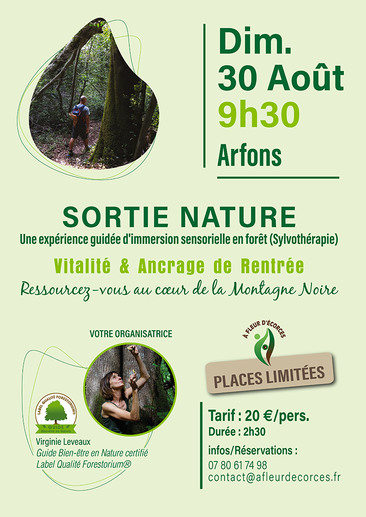Affiche de la sortie nature et sylvothérapie à Arfons le dimanche 30 août à 9h30, guidée par Virginie Leveaux À fleur d'Écorces.